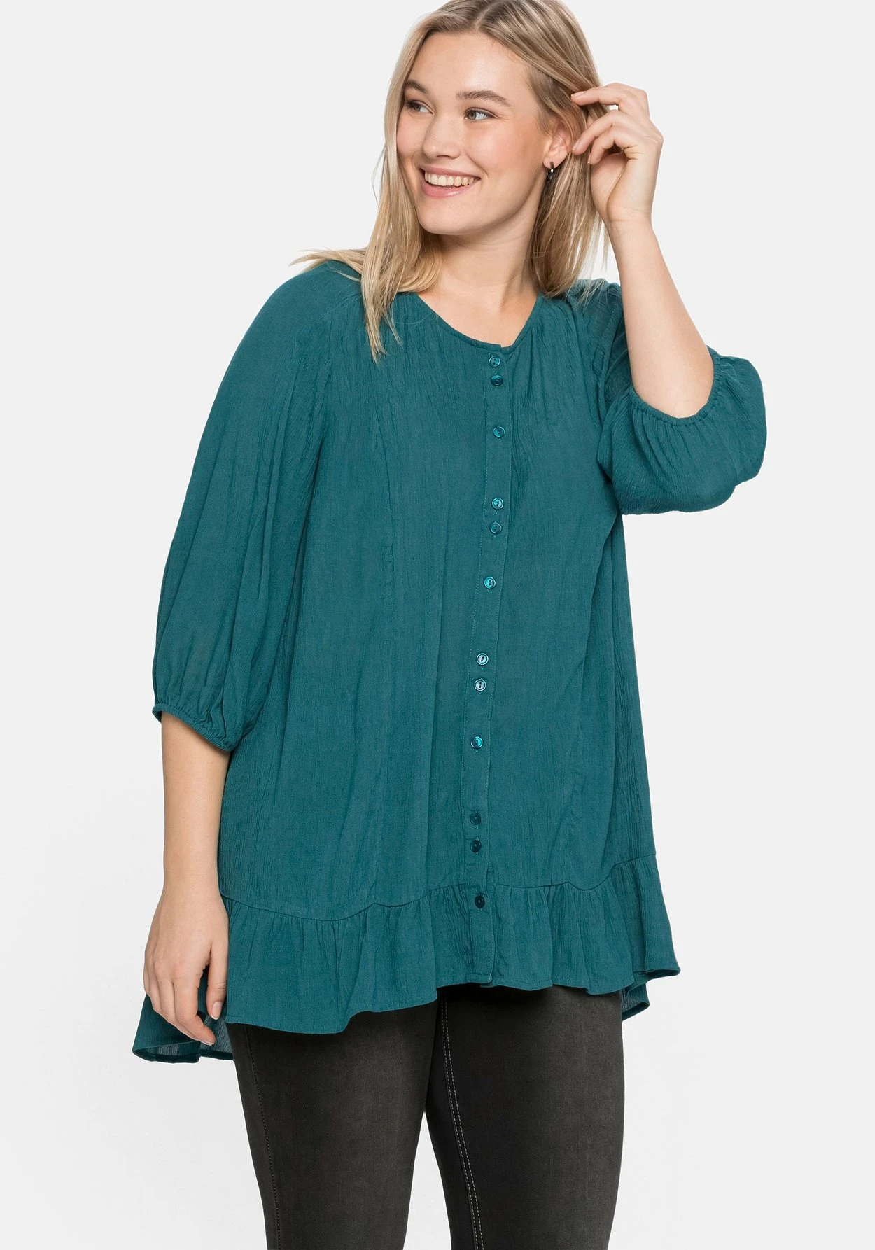 Sheego Bluse Aus Crêpe, Mit Volants Am Saum 3 Sheego Bluse Aus Crêpe, Mit Volants Am Saum