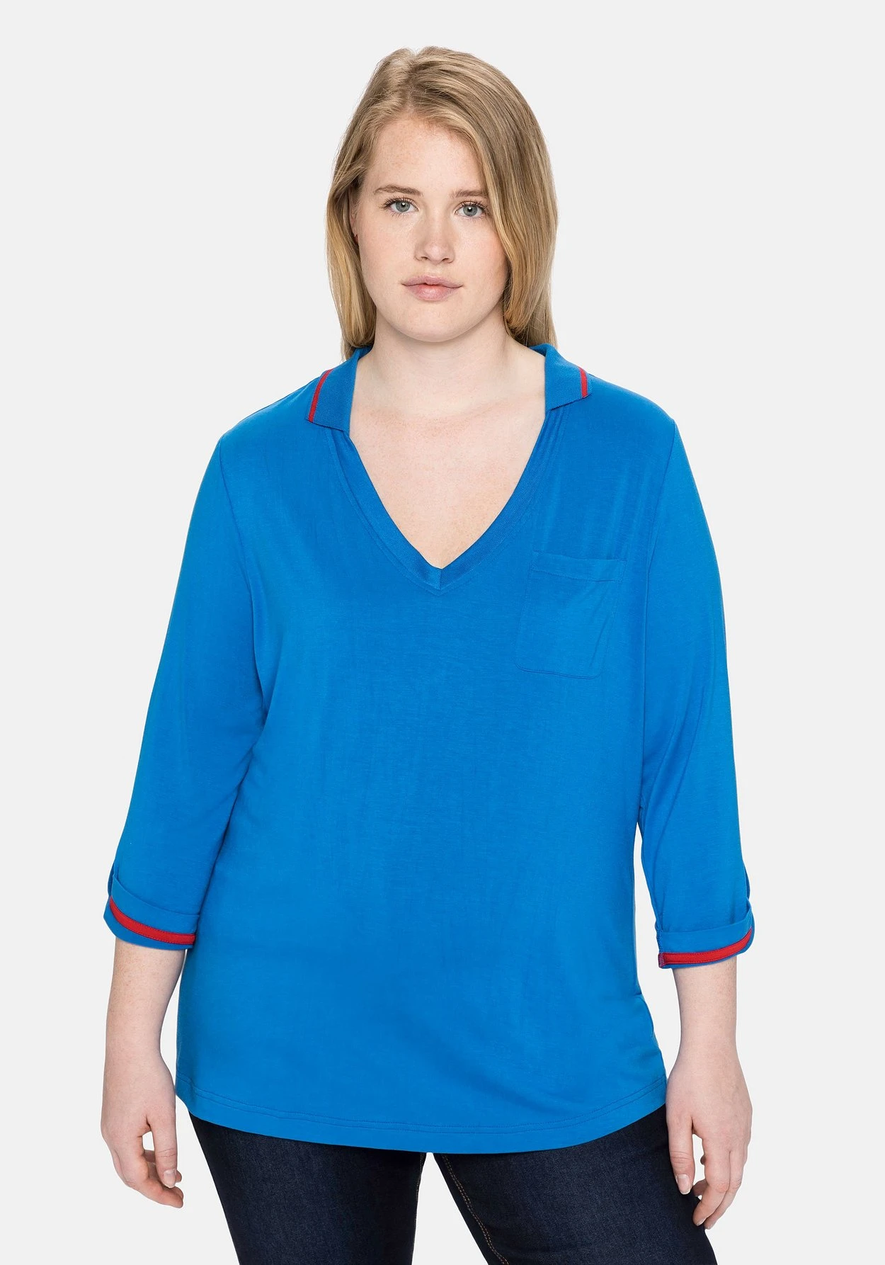 Sheego Poloshirt Mit Farbigen Akzenten Und 7/8-Ärmel 3 Sheego Poloshirt Mit Farbigen Akzenten Und 7/8-Ärmel