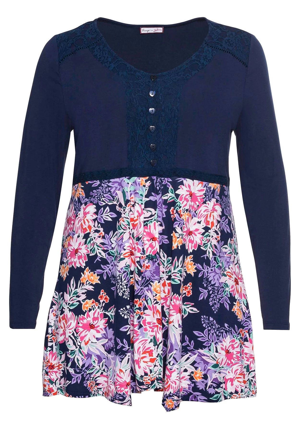 Longshirt Im Mustermix, Mit Spitzeneinsätzen 8 Longshirt Im Mustermix, Mit Spitzeneinsätzen – Bild 6