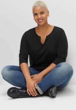 Sheego Shirt Mit Rundhals Und Schlitz, 3/4-Ärmel -Sommertraum Mode 14463700289 04EQY 02 SH