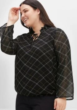 Sheego Tunika Aus Chiffon, Mit Stehkragen Und Bindeband, Kariert -Sommertraum Mode 14464201491 04EZF 02 SH