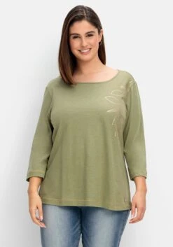 Sheego Shirt Im Leinen-Mix, Mit Goldfarbenem Print