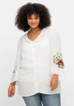 Crêpe-Longbluse Mit Bestickten Trompetenärmeln