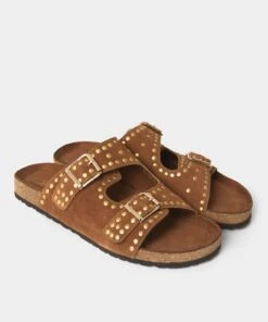 Pantolette In Velourslederoptik, Mit Nieten